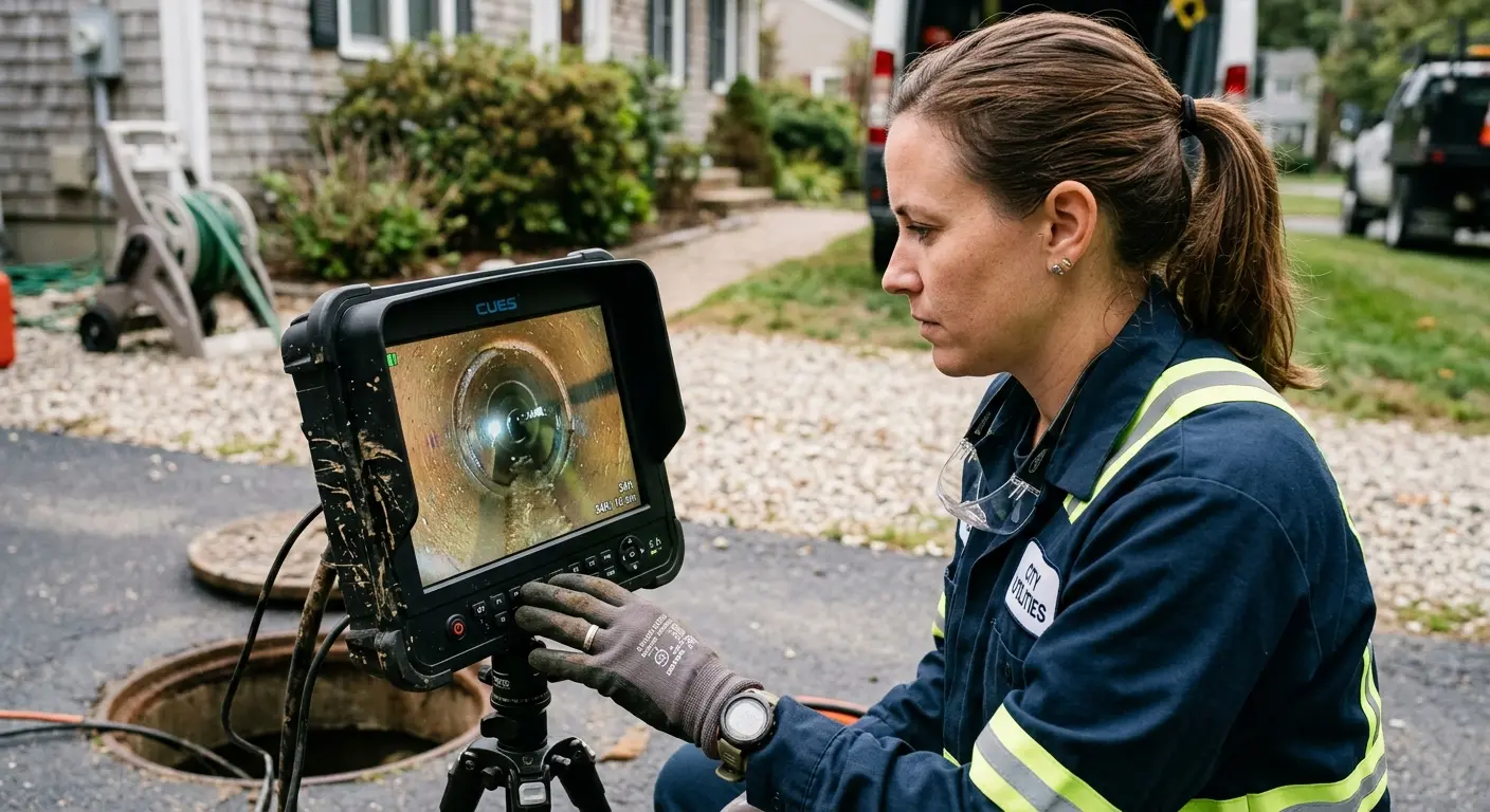 Technician reviewing sewer camera inspection footage in Westerville