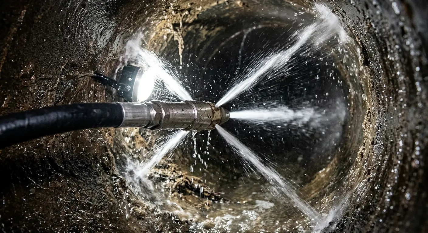 High-pressure hydro jetting nozzle cleaning sewer pipe for Emergency Drain Service in Westerville