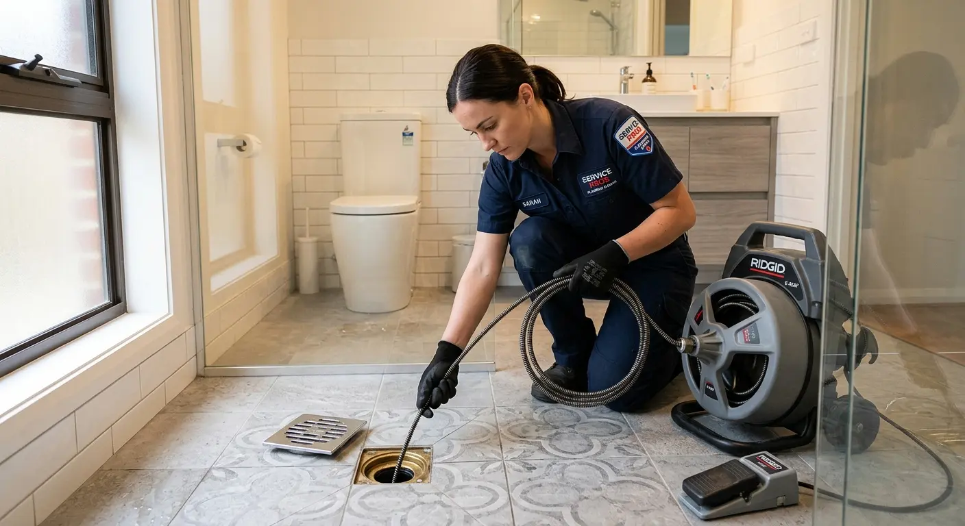 Technician clearing a bathroom floor drain for Drain Repair in Westerville
